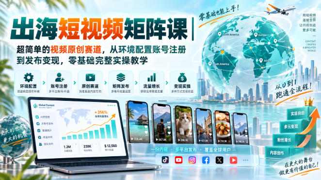 出海短视频矩阵课｜超简单的视频原创赛道，从环境配置账号注册到发布变现，零基础完整实操教学-知创网