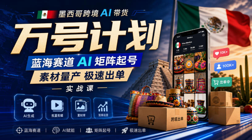 墨西哥跨境AI带货万号计划，蓝海赛道AI矩阵起号，素材量产极速出单实战课-知创网