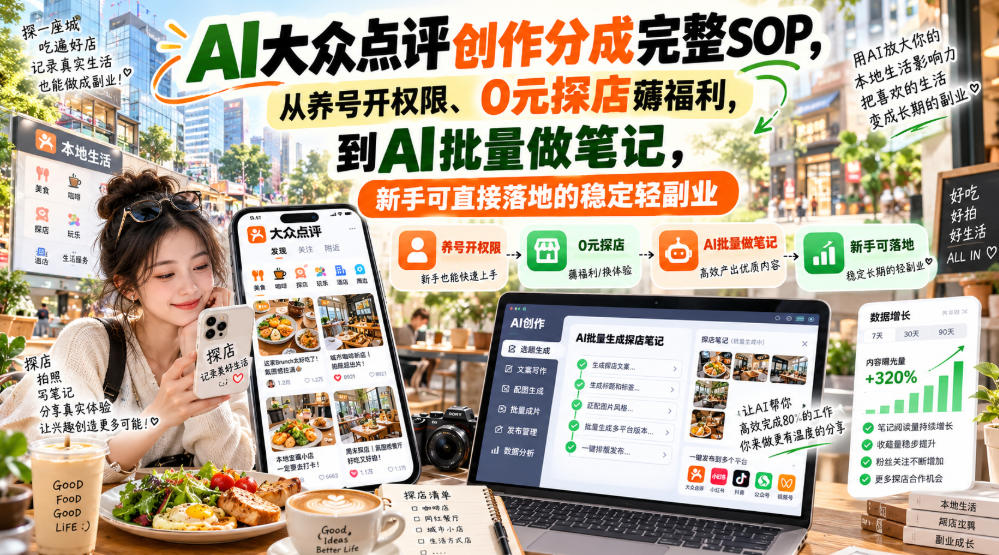 【无水印】AI大众点评创作分成完整SOP,从养号开权限、0元探店薅福利,到AI批量做笔记,新手可直接落地的稳定轻副业-知创网