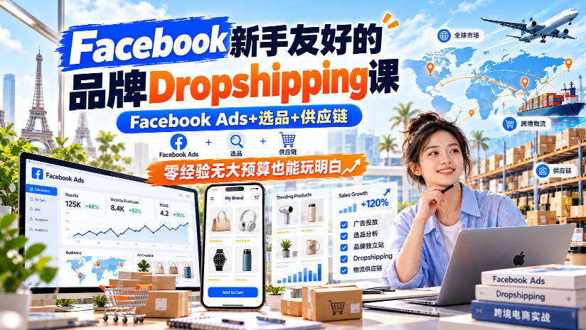 Facebook新手友好的品牌Dropshipping课,Facebook Ads+选品+供应链,零经验无大预算也能玩明白【原创双语字幕】-知创网