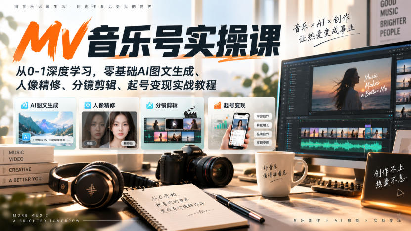 AI MV音乐号实操课,从0-1深度学习,零基础AI图文生成、人像精修、分镜剪辑、起号变现实战教程-知创网