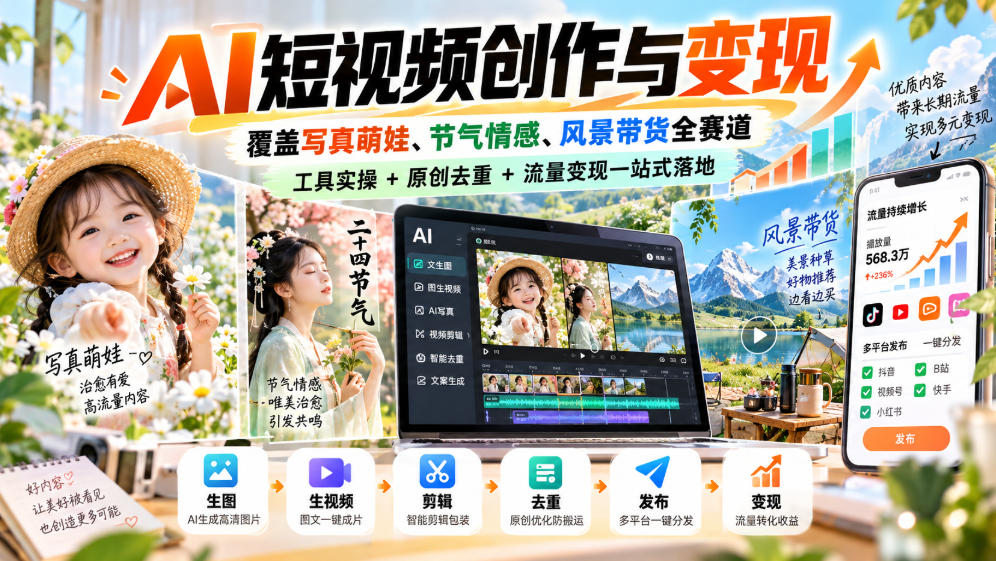AI短视频创作与变现，覆盖写真萌娃、节气情感、风景带货全赛道，工具实操+原创去重+流量变现一站式落地-知创网