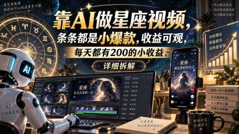 靠AI做星座视频,条条都是小爆款,收益可观,每天都有200的小收益,详细拆解-知创网