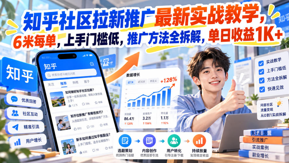 知乎社区拉新推广最新实战教学，6米每单，上手门槛低，推广方法全拆解，单日收益1K+！-知创网