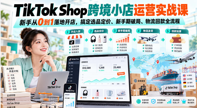 TikTok Shop跨境小店运营实战课，新手从0到1落地开店，搞定选品定价、新手期破局、物流回款全流程-知创网