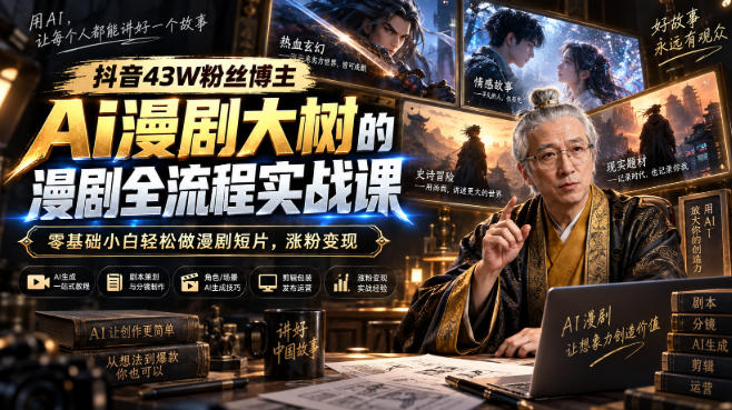 抖音43W粉丝博主Ai漫剧大树的漫剧制作全流程实战课，零基础小白轻松做漫剧短片，涨粉变现-知创网