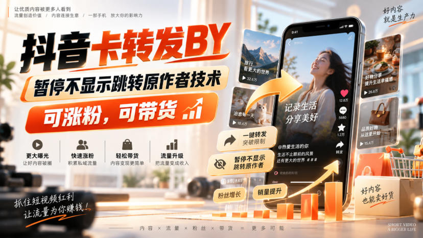 抖音卡转发搬运，暂停不显示跳转原作者技术，可涨粉，可带货-知创网