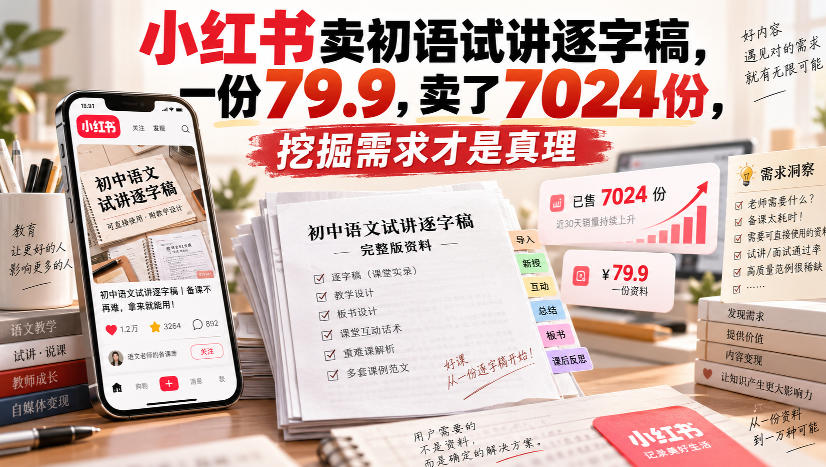 小红书卖初语试讲逐字稿,一份79.9,卖了7024份,挖掘需求才是真理-知创网