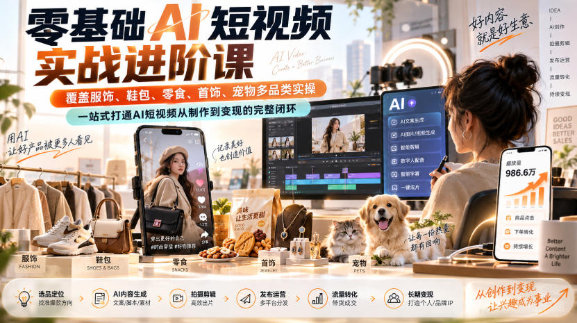 零基础AI短视频实战进阶课，覆盖服饰、鞋包、零食、首饰、宠物多品类实操，一站式打通AI短视频从制作到变现的完整闭环-知创网