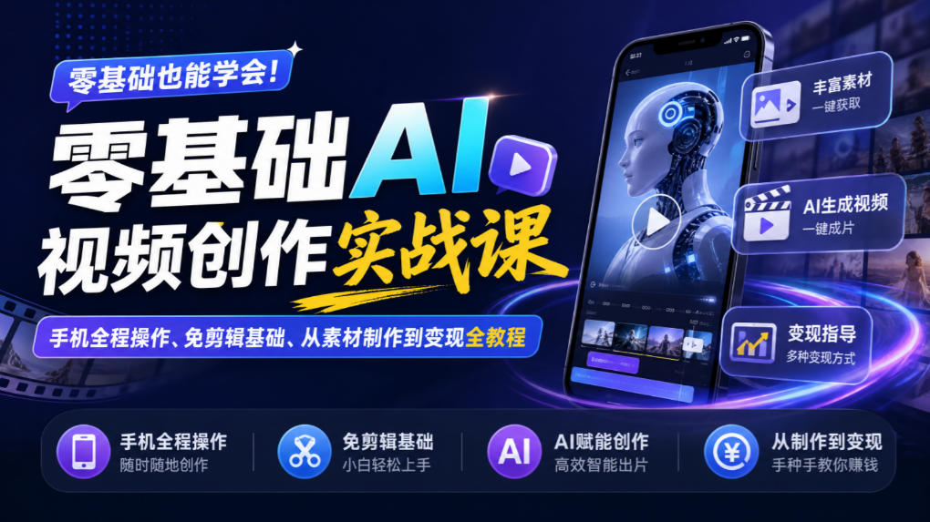 零基础AI视频创作实战课|手机全程操作、免剪辑基础、从素材制作到变现全教程-知创网