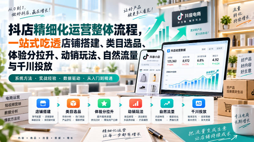 李哥电商-抖店精细化运营整体流程，一站式吃透店铺搭建、类目选品、体验分拉升、动销玩法、自然流量与千川投放-知创网
