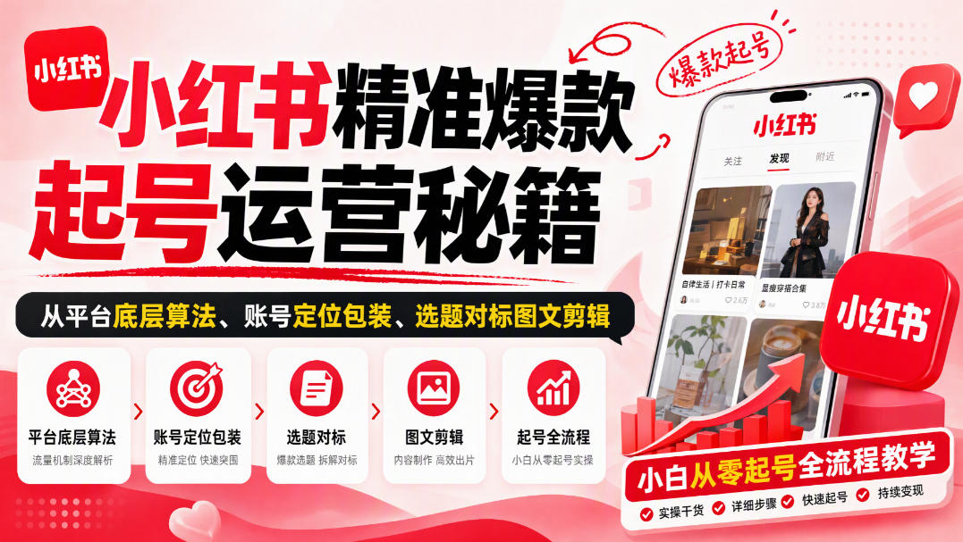 小红书精准爆款起号运营秘籍，从平台底层算法、账号定位包装、选题对标图文剪辑，小白从零起号全流程-知创网