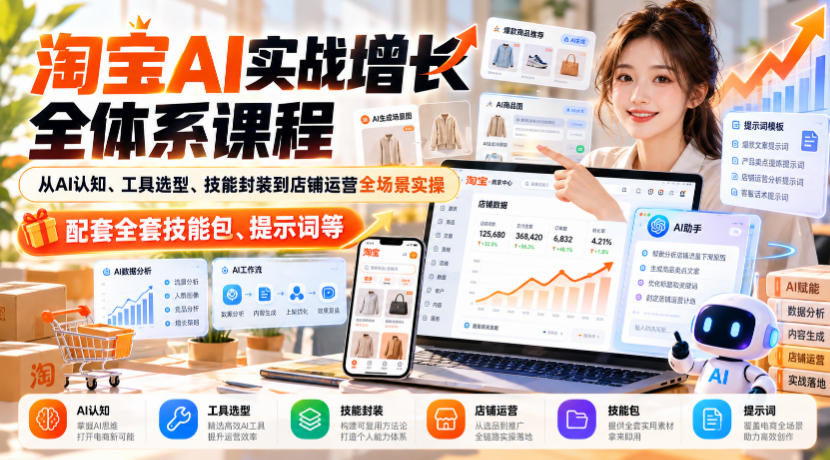 淘宝AI实战增长全体系课程，从AI认知、工具选型、技能封装到店铺运营全场景实操，配套全套技能包、提示词等-知创网