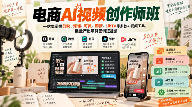 电商AI视频创作师班，一站式掌握剪映、海螺、可灵、即梦、LibTV等多款AI视频工具，批量产出带货营销短视频-知创网