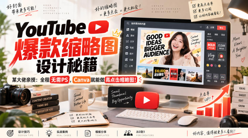 YouTube爆款缩略图设计秘籍,某油管大佬(610万订阅者)亲授,全程无需PS,Canva就能做高点击缩略图!【原创双语字幕】-知创网