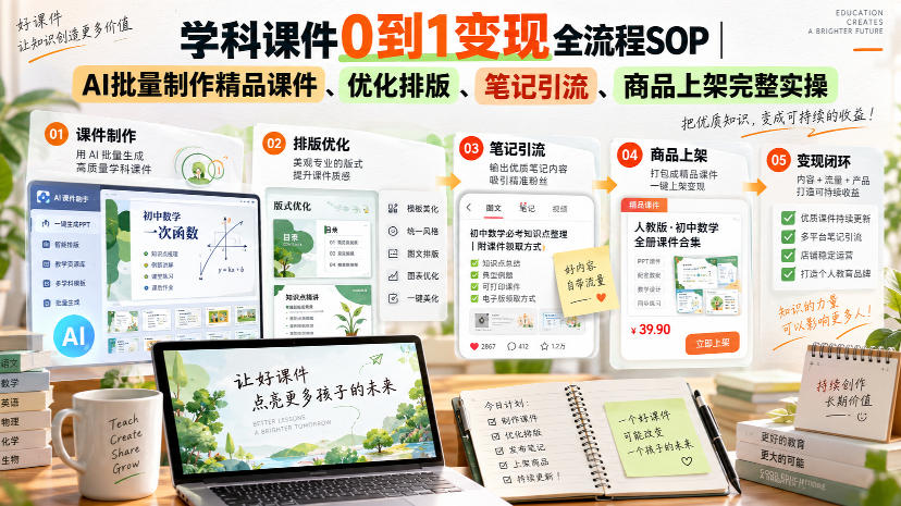 学科课件0到1变现全流程SOP｜AI批量制作精品课件、优化排版、笔记引流、商品上架完整实操​-知创网