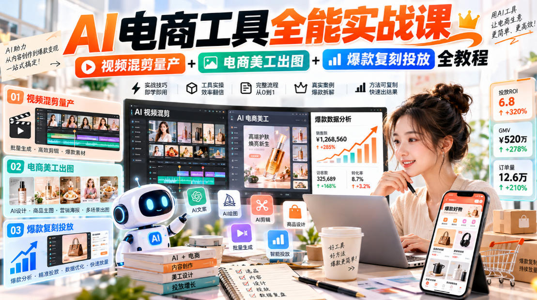AI电商工具全能实战教学，视频混剪量产+电商美工出图+爆款复刻投放全教程​-知创网