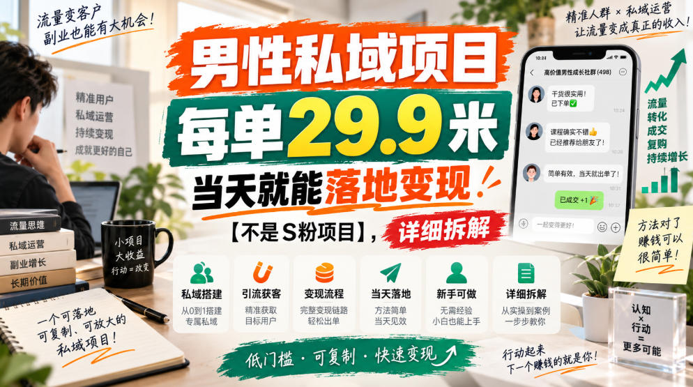 男性私域项目,每单29.9米,当天就能落地变现【不是S粉项目】,详细拆解-知创网