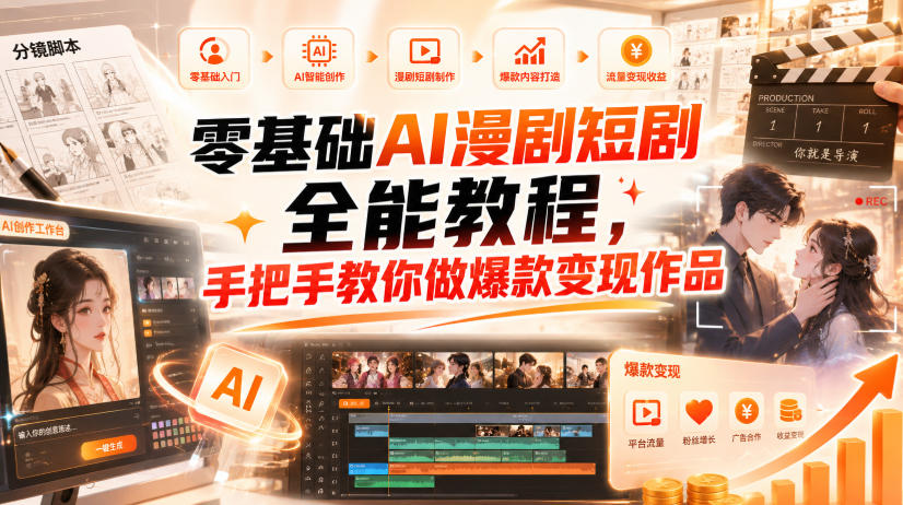 零基础AI漫剧短剧全能教程，从AI智能体搭建、文案脚本分镜、多平台AI生视频、剪映精修，覆盖全题材创作，手把手教你做爆款变现作品-知创网