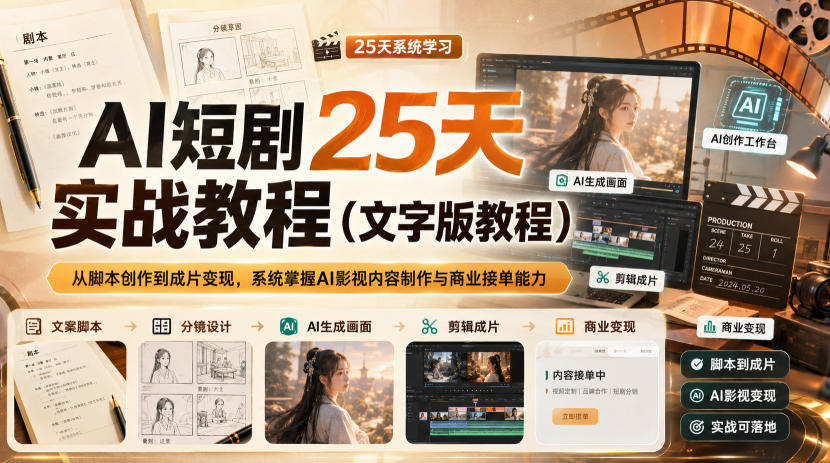 AI短剧25天实战教程(文字版教程),从脚本创作到成片变现,系统掌握AI影视内容制作与商业接单能力-知创网