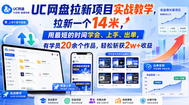 UC网盘拉新项目实战教学,拉新一个14米,用最短的时间学会、上手、出单,有学员20余个作品,轻松斩获2w+收益-知创网