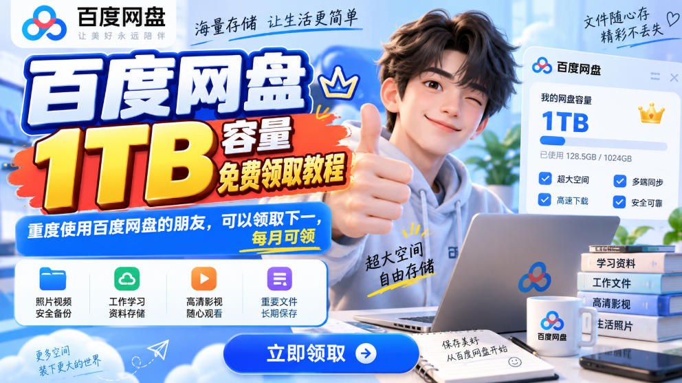 百度网盘1TB容量免费领取教程，重度使用百度网盘的朋友，可以领取下一，每月可领-知创网