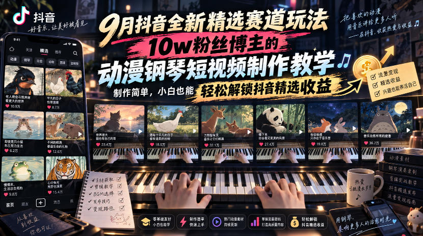 9月抖音全新精选赛道玩法,10w粉丝博主的动漫钢琴短视频制作教学,制作简单,小白也能轻松解锁抖音精选收益-知创网