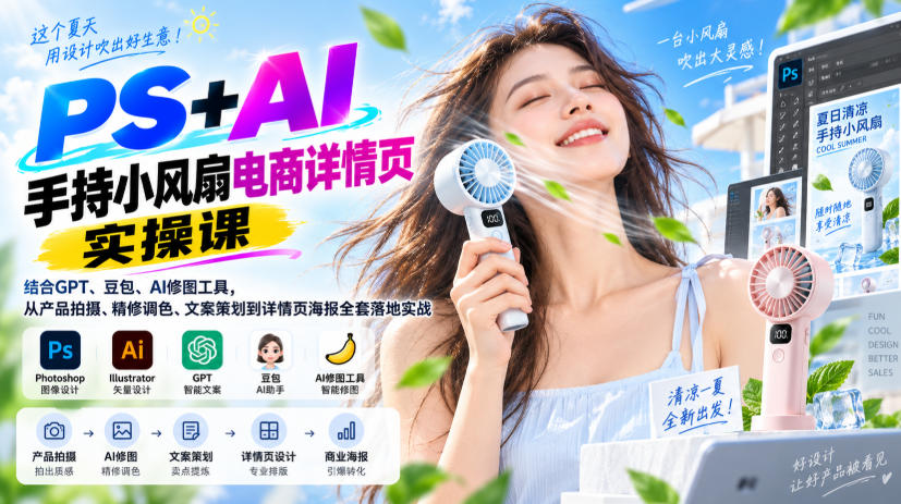 PS+AI手持小风扇电商详情页实操课｜结合GPT、豆包、AI修图工具，从产品拍摄、精修调色、文案策划到详情页海报全套落地实战-知创网