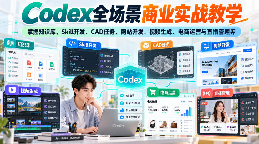 【无水印】Codex全场景商业实战教学，掌握知识库、Skill开发、CAD任务、网站开发、视频生成、电商运营与直播管理等-知创网
