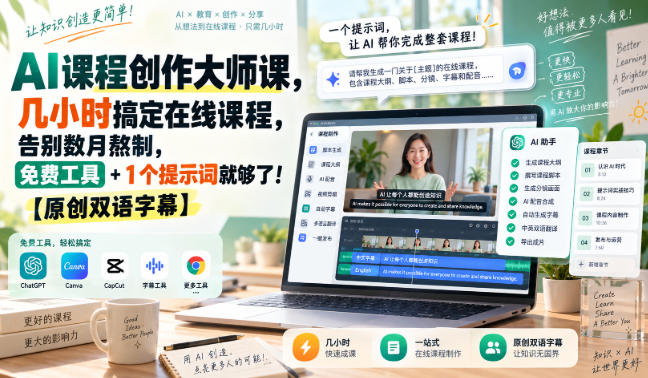 AI课程创作大师课，几小时搞定在线课程，告别数月熬制，免费工具+1个提示词就够了！【原创双语字幕】-知创网