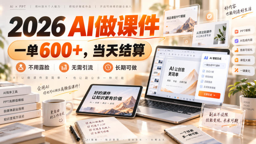 2026 AI做课件，一单600+，当天结算，不用露脸，无需引流，长期可做【揭秘】-知创网