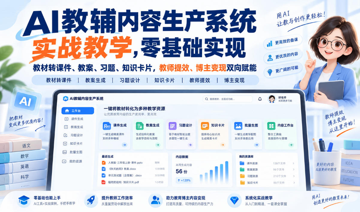 AI教辅内容生产系统实战教学,零基础实现教材转课件、教案、习题、知识卡片,教师提效、博主变现双向赋能-知创网