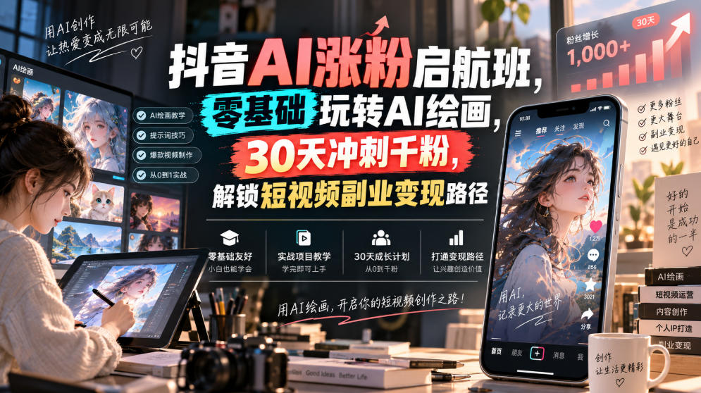 抖音AI涨粉启航班,零基础玩转AI绘画,30天冲刺千粉,解锁短视频副业变现路径-知创网