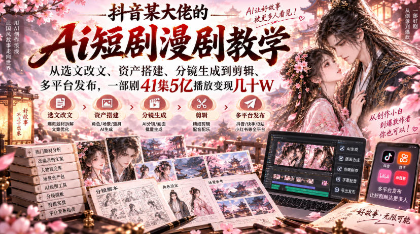 抖音某大佬的Ai短剧漫剧教学，从选文改文、资产搭建、分镜生成到剪辑、多平台发布，一部剧41集5亿播放变现几十W-知创网