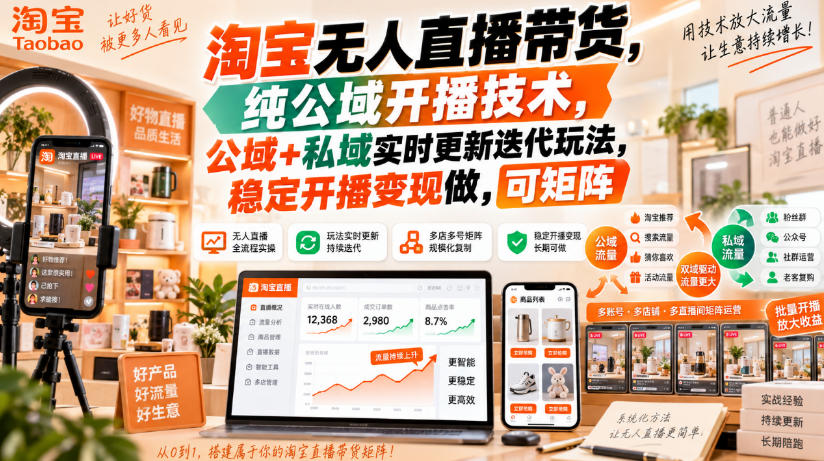 淘宝无人直播带货，纯公域开播技术，公域+私域实时更新迭代玩法，稳定开播变现做，可矩阵【揭秘】-知创网