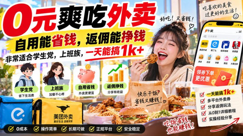 0元爽吃外卖，自用能省钱，返佣能挣钱，非常适合学生党，上班族，一天能搞1k+-知创网