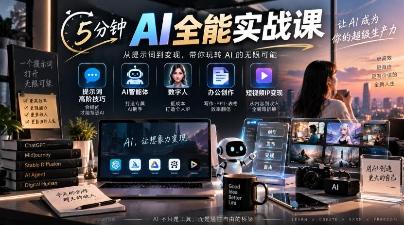 5分钟AI全能实战课｜提示词高阶技巧+AI智能体+数字人+办公创作+短视频IP变现全教程-知创网