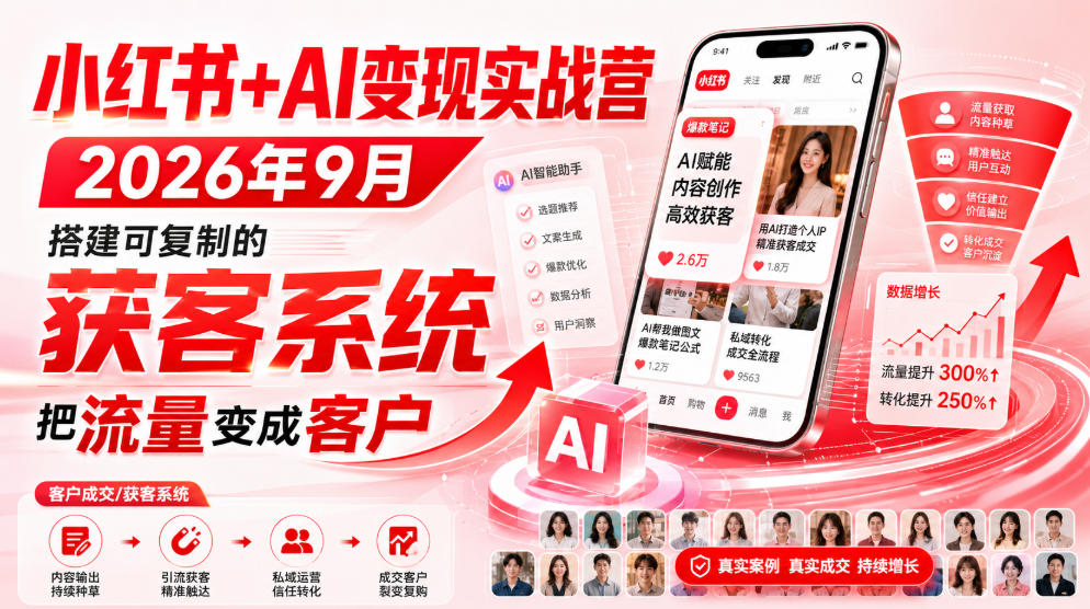 小红书+AI变现实战营2026年9月，搭建可复制的获客系统，把流量变成客户！-知创网
