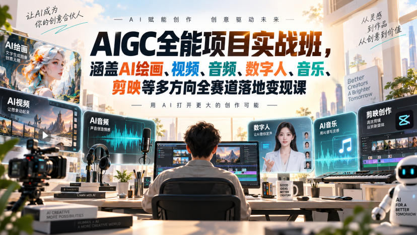 AIGC全能项目实战班，涵盖AI绘画、视频、音频、数字人、音乐、剪映等多方向全赛道落地变现课-知创网