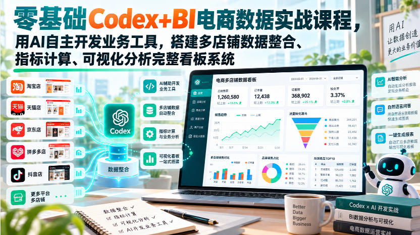 零基础Codex+BI电商数据实战课程，用AI自主开发业务工具，搭建多店铺数据整合、指标计算、可视化分析完整看板系统-知创网