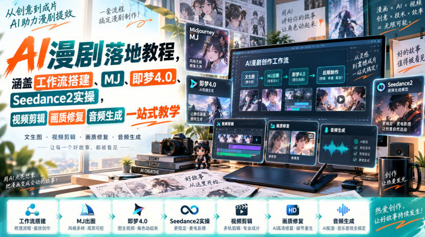 AI漫剧落地教程,涵盖工作流搭建、MJ、即梦4.0、Seedance2实操,视频剪辑画质修复音频生成一站式教学-知创网