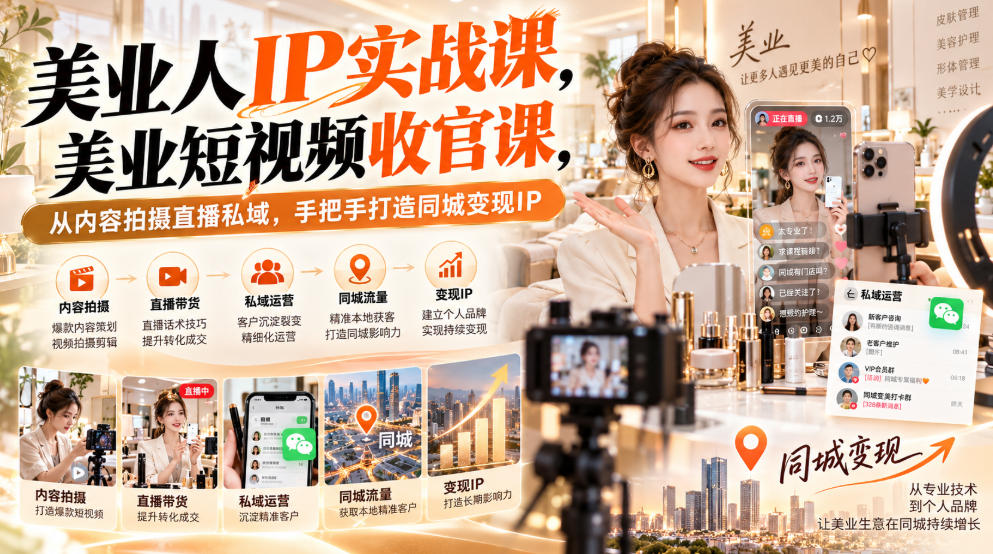 【无水印】美业人IP实战课,美业短视频收官课,从内容拍摄直播私域,手把手打造同城变现IP-知创网