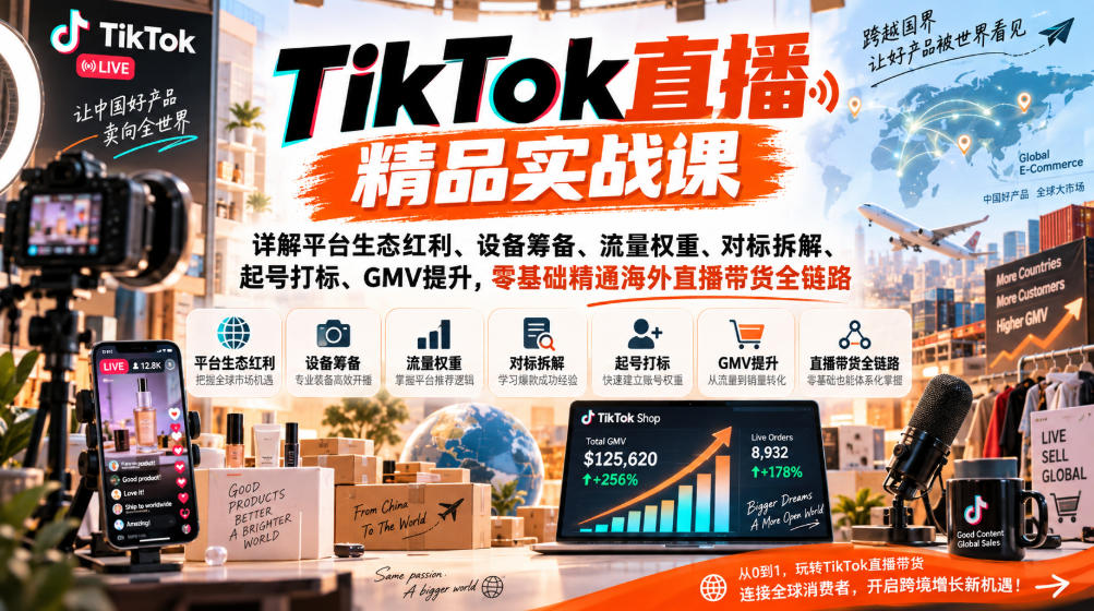 TikTok直播精品实战课，详解平台生态红利、设备筹备、流量权重、对标拆解、起号打标、GMV提升，零基础精通海外直播带货全链路-知创网