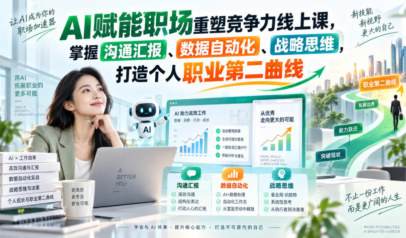 AI赋能职场重塑竞争力线上课，掌握沟通汇报、数据自动化、战略思维，打造个人职业第二曲线-知创网