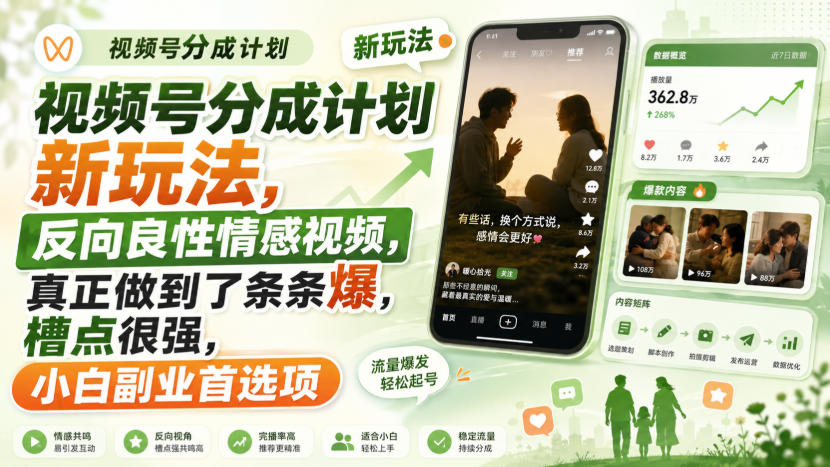 视频号分成计划新玩法,反向良性情感视频,真正做到了条条爆,槽点很强,小白副业首选项-知创网