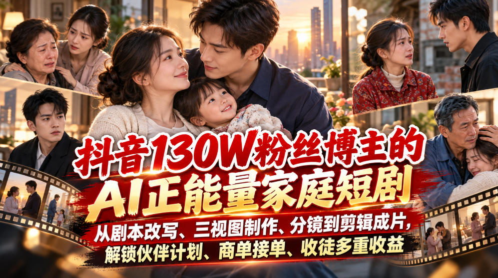 抖音130W粉丝博主的AI正能量家庭短剧，从剧本改写、三视图制作、分镜到剪辑成片，解锁伙伴计划、商单接单、收徒多重收益-知创网