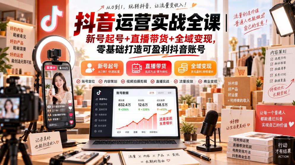 抖音运营实战全课｜新号起号+直播带货+全域变现，零基础打造可盈利抖音账号-知创网