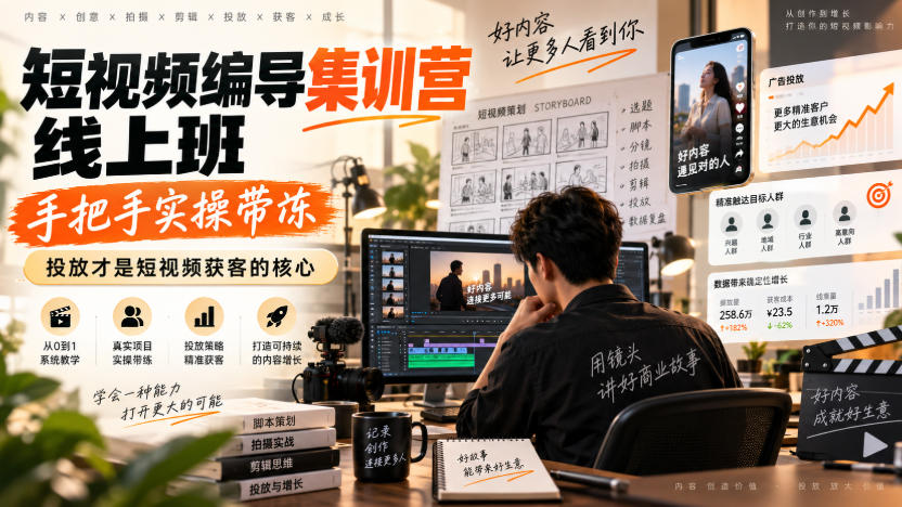 短视频编导集训营线上班，手把手实操带冻，投放才是短视频获客的核心-知创网