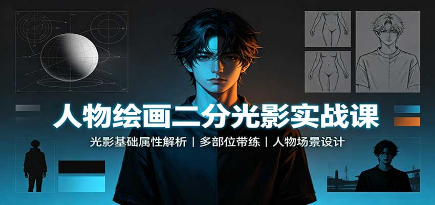 人物绘画二分光影实战课:光影基础属性解析,多部位带练,人物场景设计-知创网