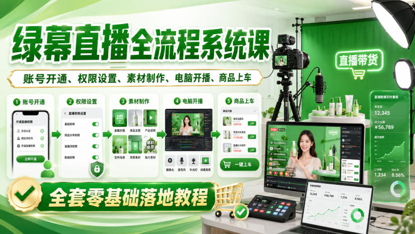 绿幕直播全流程系统课，账号开通、权限设置、素材制作、电脑开播、商品上车全套零基础落地教程-知创网